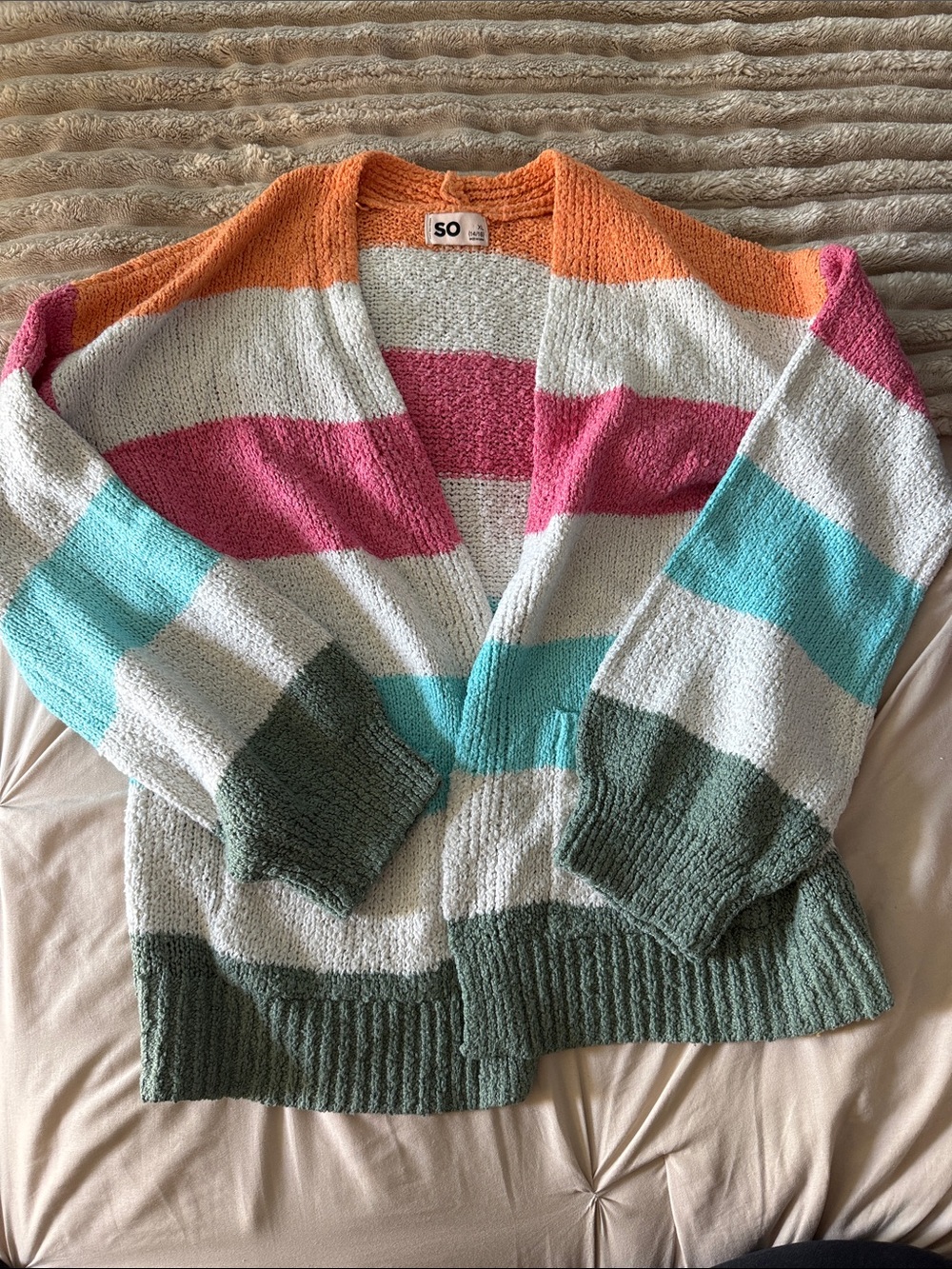 SO Girl’s XLCozy Open-Front Striped Cardigan in Orange, Pink, Teal, Green, White